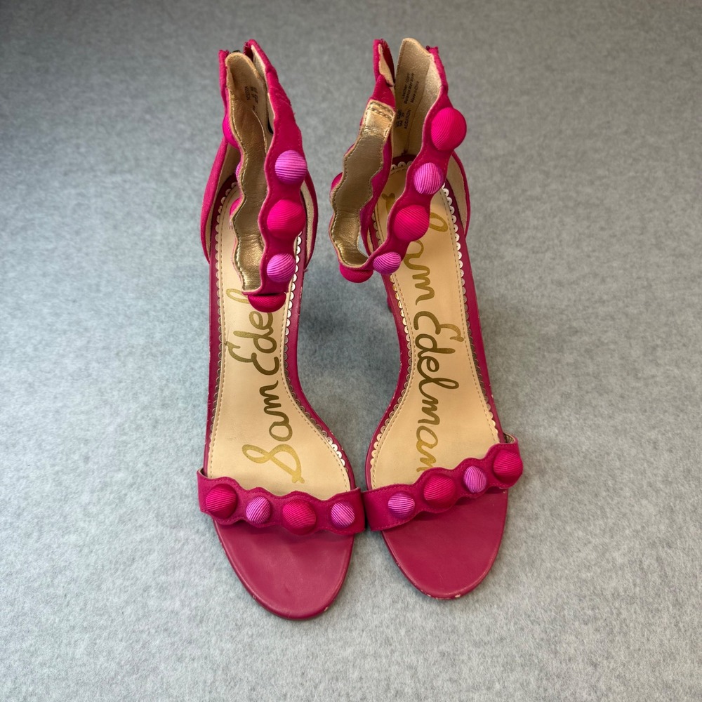Sam Edelman Addison Pink Suede Pom Pom Stiletto Sandals Size 9M Fuchsia Heels